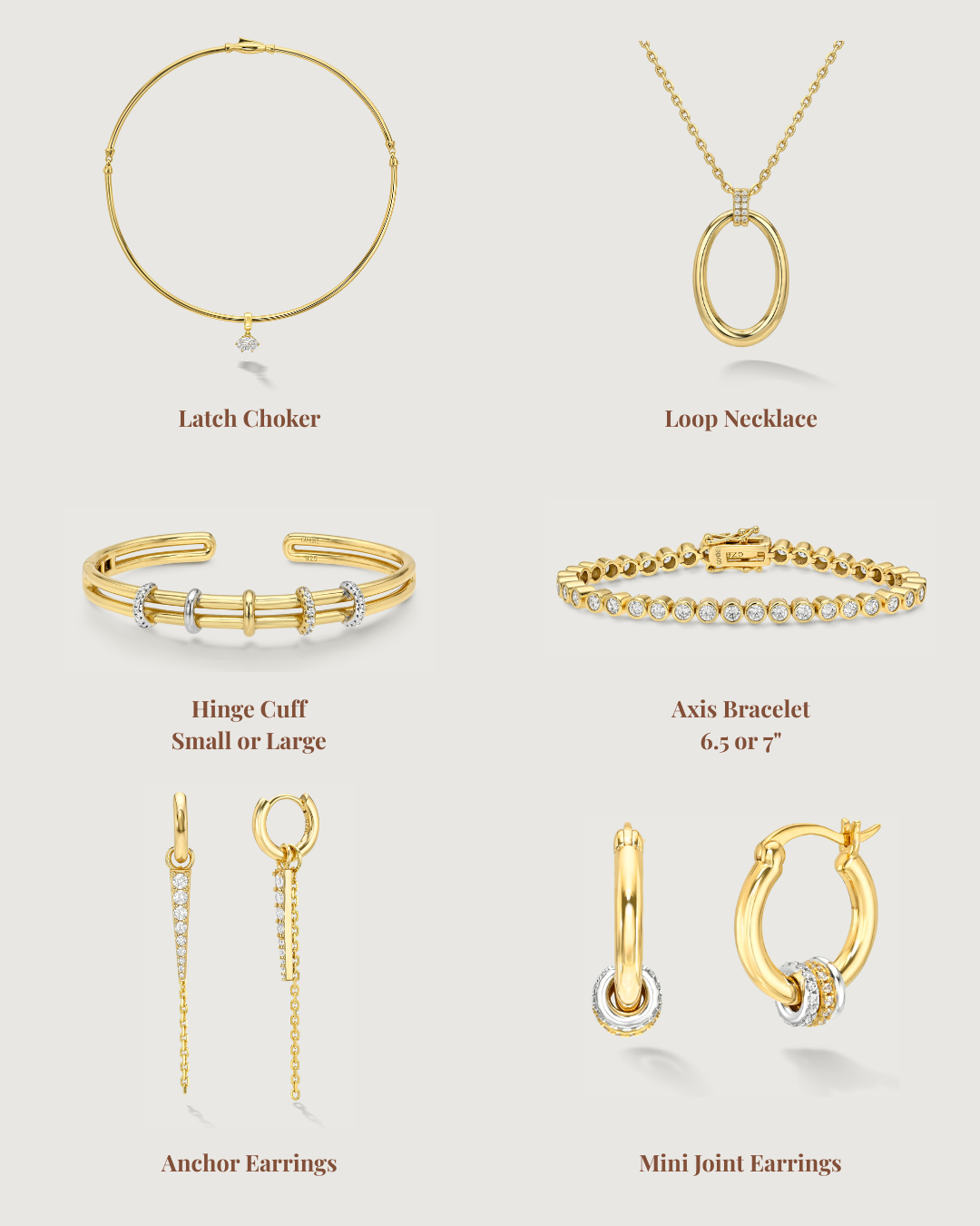 Collection of gold jewelry including a latch choker, loop necklace, hinge cuff, axis bracelet, anchor earrings, and mini joint earrings on a white background.